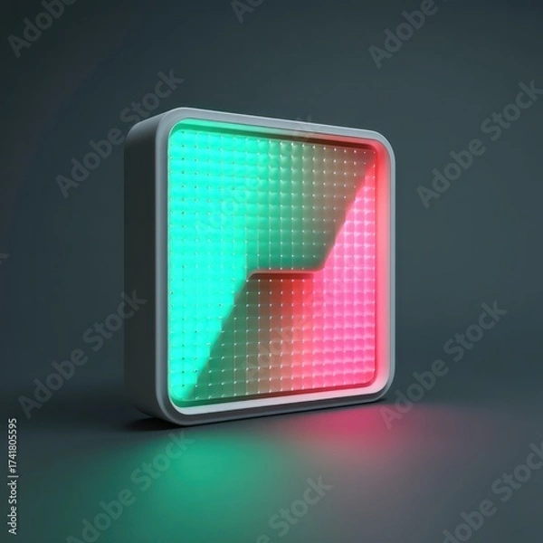 Fototapeta Illuminated square panel with green and pink gradient on a dark surface with a reflective glow