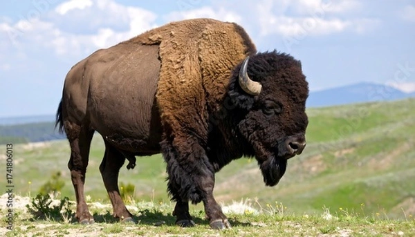 Fototapeta Majestic bison walking on a grassy green hillside