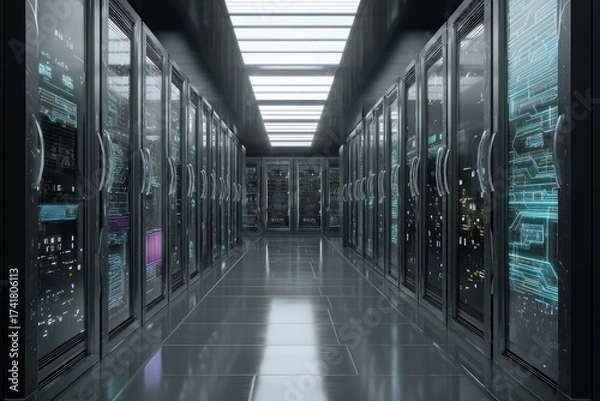 Fototapeta A long corridor filled with server racks under bright lights in a data center environment setting view