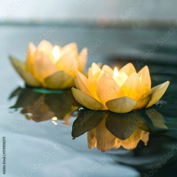 Fototapeta Two floating lotus candles on water
