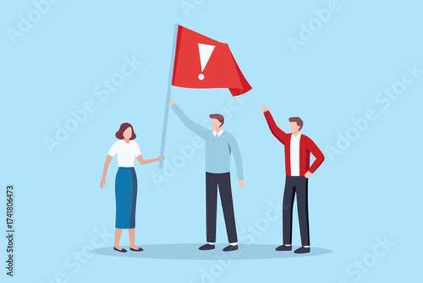 Fototapeta Diverse group of people holding a red flag with a white exclamation mark symbolizing warning or attention