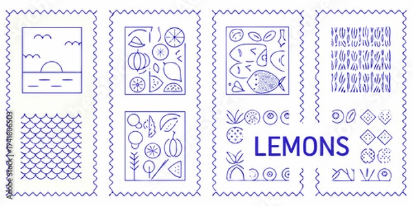 Fototapeta Collection of playful blue line art illustrations featuring fruits sea life and abstract patterns