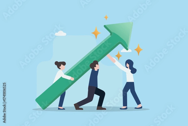 Fototapeta Teamwork and collaboration to achieve business growth and success with a rising green arrow