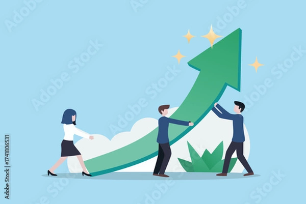 Fototapeta Teamwork and collaboration driving business growth and success with a rising green arrow