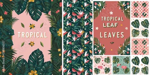 Fototapeta Vibrant tropical foliage and floral patterns with text overlays