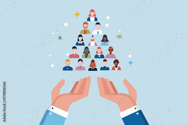 Fototapeta Diverse group of people forming a pyramid shape supported by cupped hands and surrounded by stars and sparkles