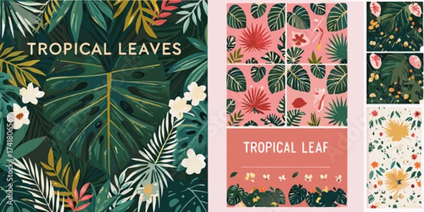 Fototapeta Vibrant tropical leaves and flowers collection with seamless patterns