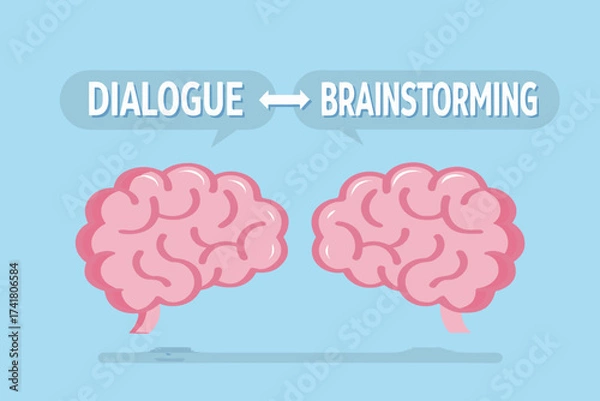 Fototapeta Two pink cartoon brains communicating ideas through dialogue and brainstorming with speech bubbles