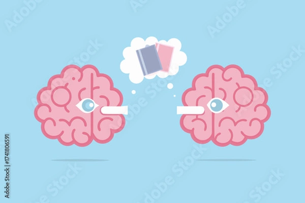Fototapeta Two stylized pink brains with eyes and thought bubbles containing books on a light blue background