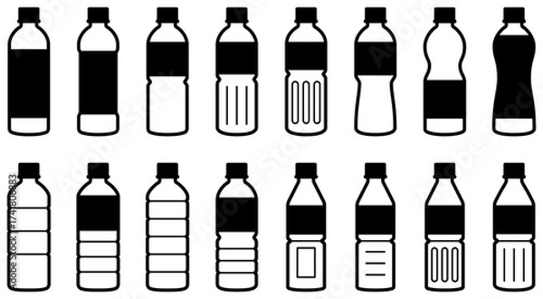 Fototapeta ペットボトルのアイコンセット（様々な形のプラスチックボトルのベクターイラスト）
