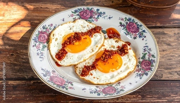 Fototapeta Two fried eggs topped with chili flakes and sauce on a floral plate