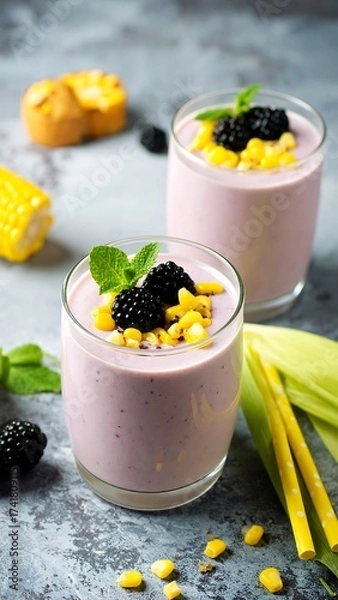 Fototapeta Two glasses of purple smoothie with corn and blackberries