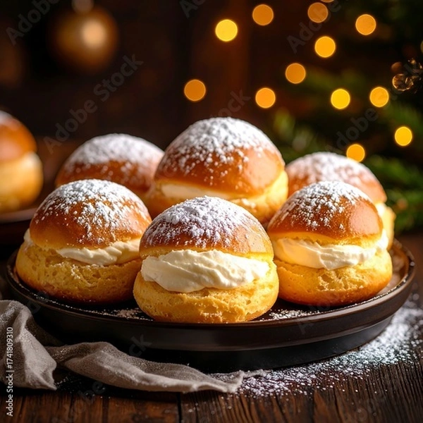 Fototapeta Festive cream-filled buns with powdered sugar