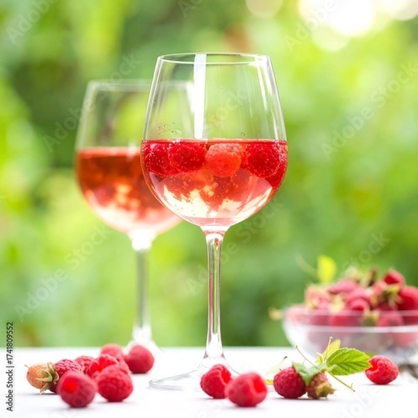 Fototapeta Two glasses of ros? wine with raspberries