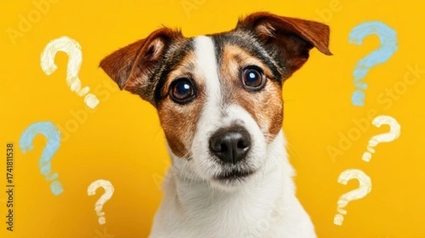 Fototapeta A curious dog with a questioning expression against a vibrant yellow background.