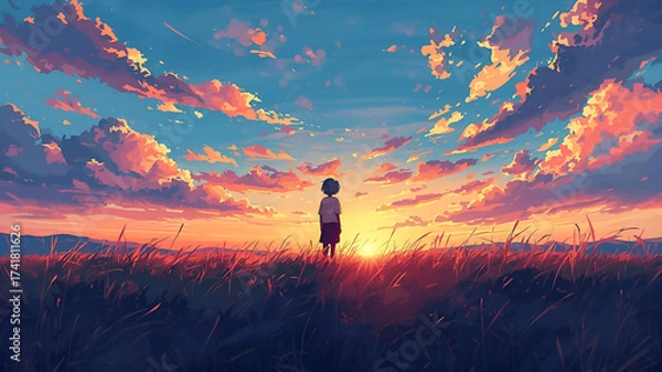 Obraz 美しい夕焼けの野原に立つ子供のイラスト
