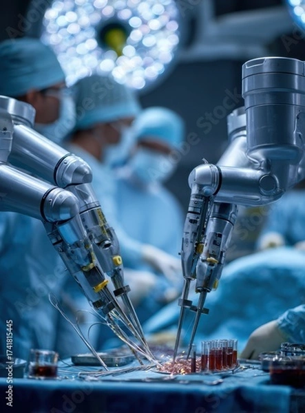 Fototapeta Modern robotic surgery is performed by surgeons using a console to control surgical instruments.
