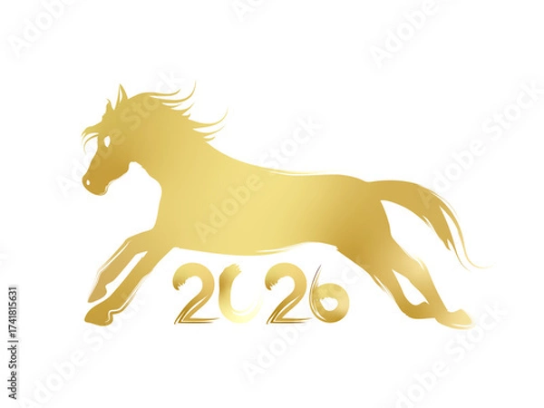 Obraz 午年の馬の金色のシルエット　筆の墨絵の年賀状素材

