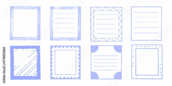 Fototapeta Collection of eight hand drawn decorative blue frames and borders for notes and journaling