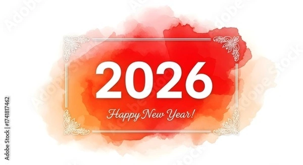 Obraz A 2026 Happy New Year Greeting Card with Red Watercolor Background and Elegant Floral Frame Design