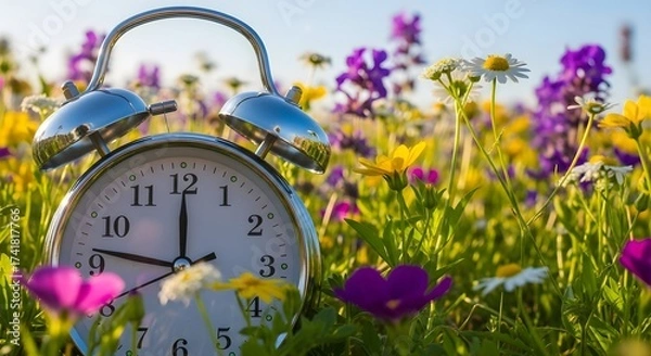 Obraz A Vintage Alarm Clock in Blooming Spring Meadow with Wildflowers and Morning Sunlight