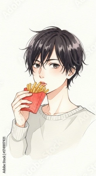 Fototapeta フライドポテトを食べる男性のアニメ風イラスト  