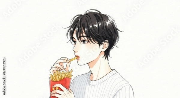 Fototapeta フライドポテトを食べる男性のアニメ風イラスト  