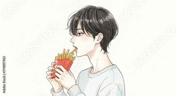 Fototapeta フライドポテトを食べる男性のアニメ風イラスト  