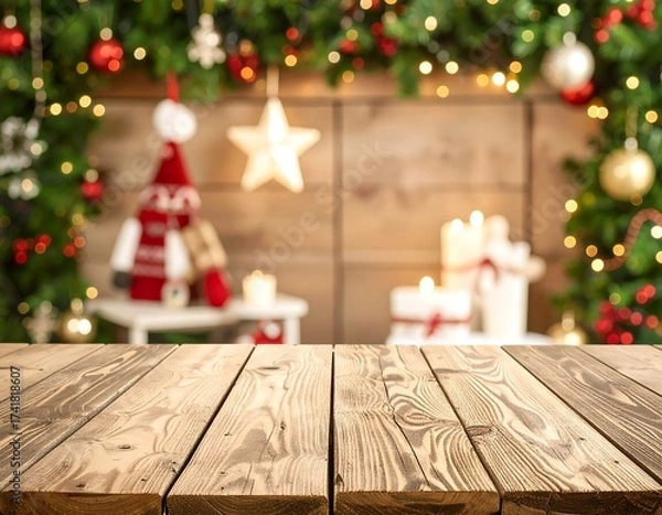 Fototapeta Empty wooden table with festive Christmas backdrop