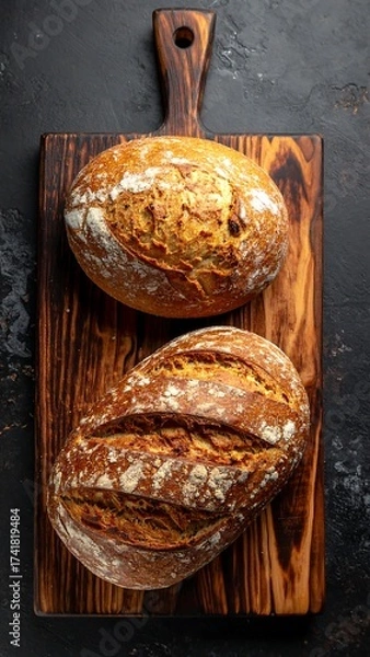 Fototapeta Two loaves of rustic bread on a wooden board