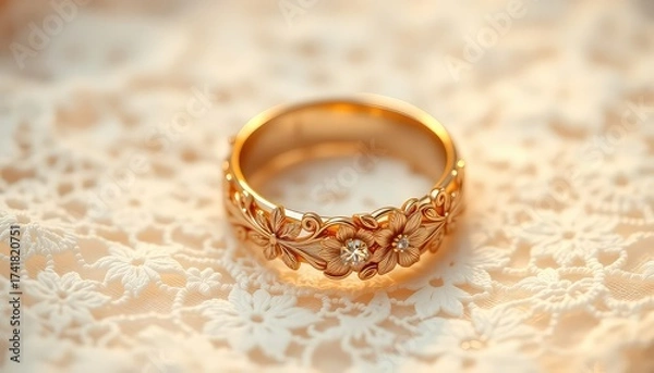Fototapeta Floral Engraved Gold Band Ring with Sparkles Resting on Delicate Cream Colored Lace Fabric Detailed Close Up
