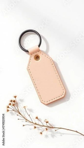 Fototapeta Neutral toned leather tag with a metal ring paired with a delicate dried floral accent against a clean, bright white backdrop