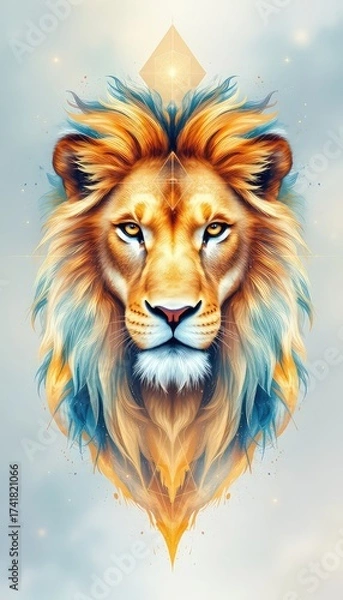 Fototapeta Golden Lion's Majestic Gaze A Detailed Portrait Featuring Intricate Geometric Design Elements and a Soft, Dreamy Background