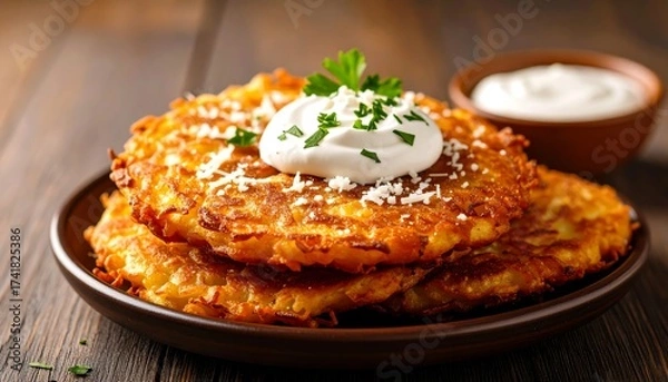 Fototapeta Golden Potato Pancakes with Sour Cream and Parsley
