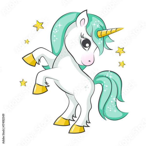 Fototapeta Śliczny magiczny jednorożec. Projekt wektorowy na białym tle. Nadruk na koszulkę lub naklejkę. Romantyczna ilustracja rysunkowa dla dzieci.