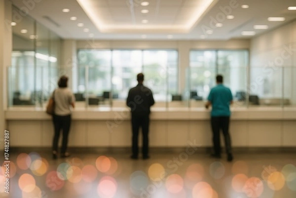 Obraz Abstract bokeh blur of busy banking hall clients and tellers in bright modern lobby