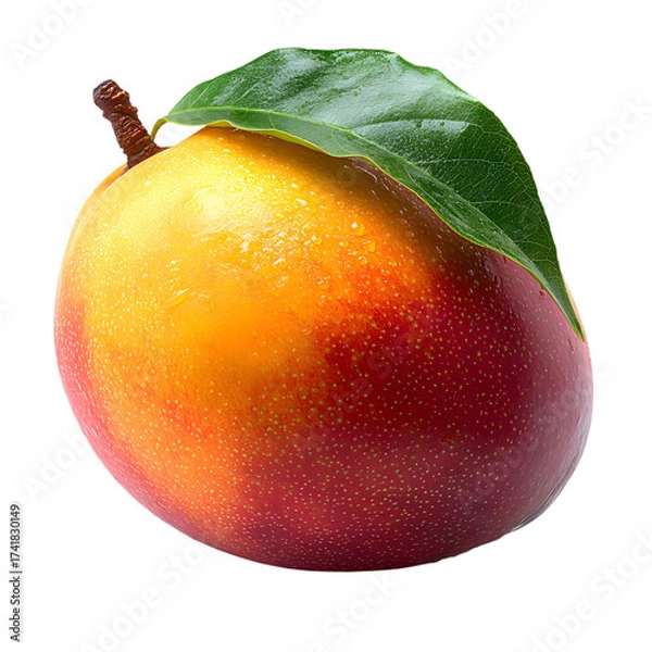 Fototapeta A ripe vibrant mango with a single green leaf attached showcasing its gradient of yellow orange and red hues isolated on transparent background