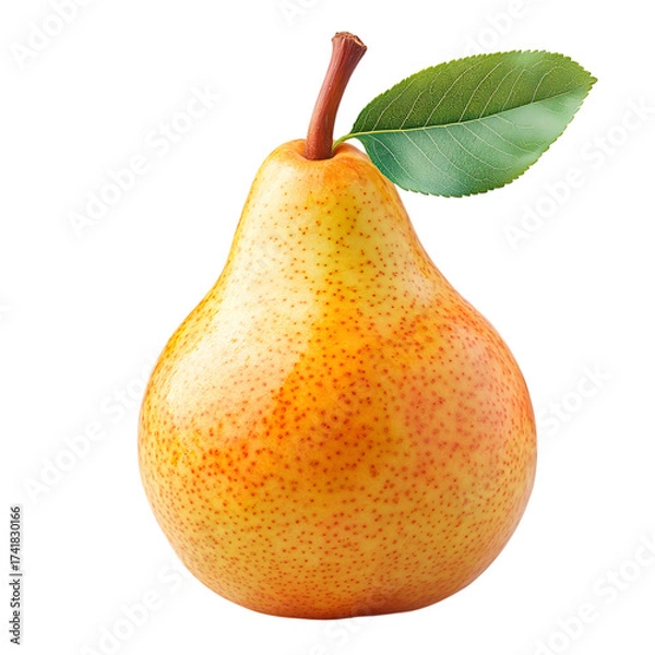 Fototapeta A single ripe pear with a green leaf and stem showcasing its textured skin and vibrant colors isolated on transparent background