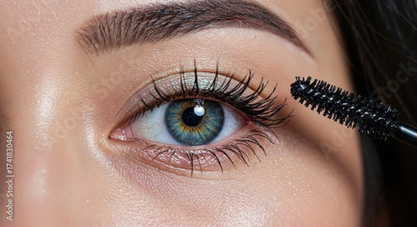 Fototapeta Eyelash Transformation: A close-up showcases a woman's eye, meticulously applying mascara with precision, enhancing the natural beauty and allure of her eye.