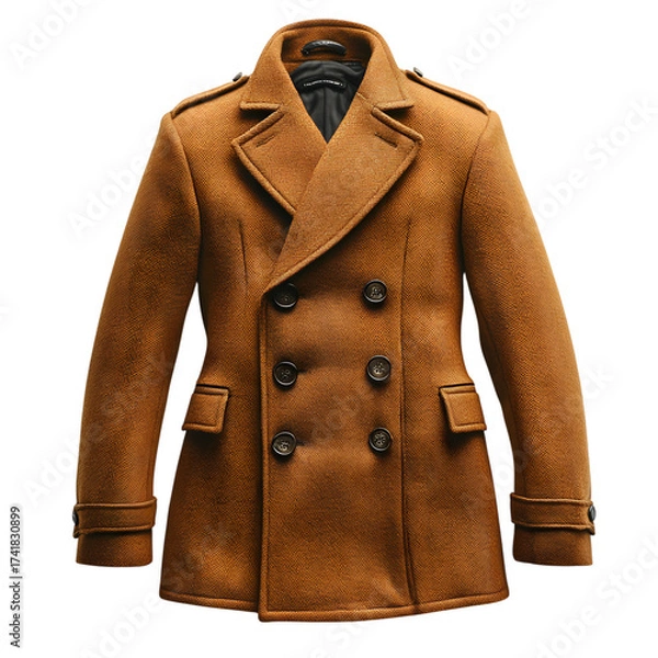 Fototapeta A vintage distressed brown leather double breasted peacoat with dark buttons and ornate detailing isolated on transparent background