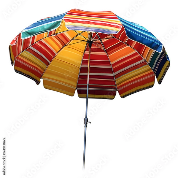 Fototapeta A vibrant and colorful striped beach umbrella with a metal pole is displayed in an open position casting a shadow isolated on transparent background