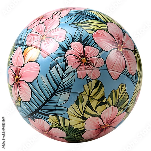Fototapeta A vibrant spherical object adorned with a tropical floral pattern featuring pink hibiscus flowers and lush green palm leaves isolated on transparent background