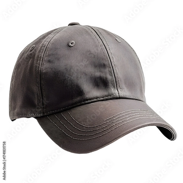 Fototapeta A close up studio shot of a distressed dark grey baseball cap with a curved brim and textured fabric isolated on transparent background