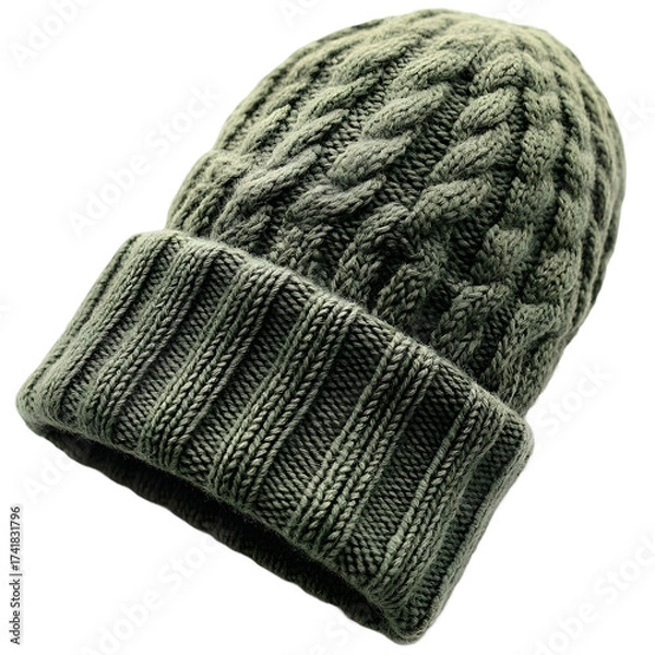 Fototapeta A textured olive green knitted winter beanie hat with a folded brim showcasing intricate cable knit patterns and soft wool fibers isolated on transparent background