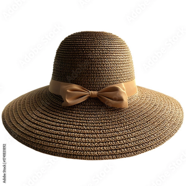 Fototapeta Elegant wide brim straw sun hat with a decorative bow accent for stylish protection from the sun isolated on transparent background