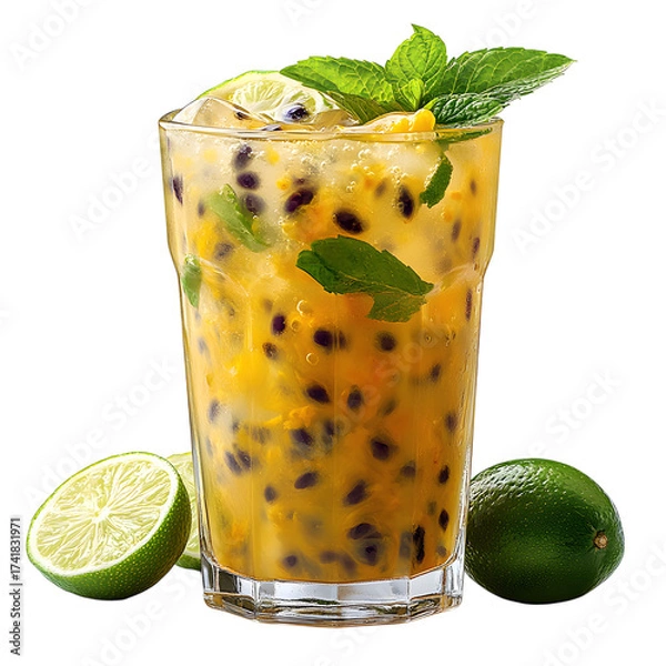 Fototapeta Refreshing passion fruit cocktail with lime and mint garnishes and ice cubes in a tall glass isolated on transparent background