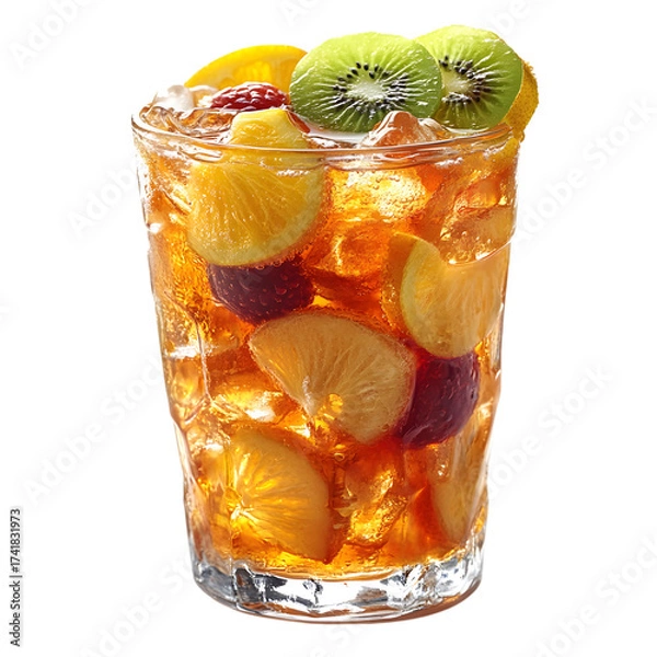 Fototapeta Refreshing iced tea beverage with fresh fruit slices and ice cubes in a clear glass isolated on transparent background