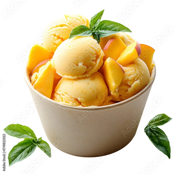 Fototapeta Delicious mango ice cream scoops with fresh fruit pieces and green mint leaves in a bowl isolated on transparent background
