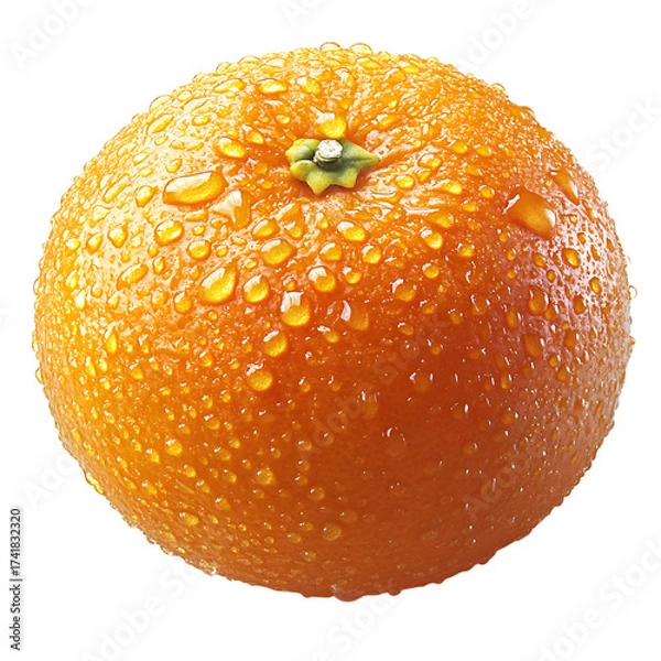 Fototapeta A single ripe orange fruit covered in tiny water droplets glistening and reflecting light isolated on transparent background