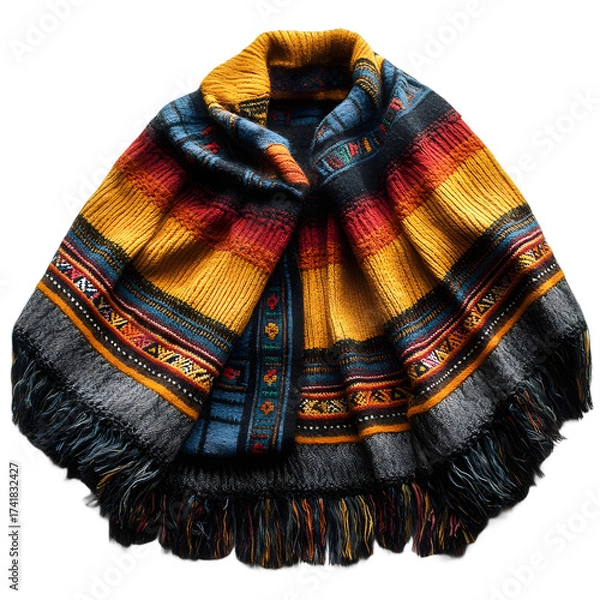 Fototapeta Vibrant and intricately patterned woven shawl with colorful stripes and fringe details elegantly draped and isolated on transparent background